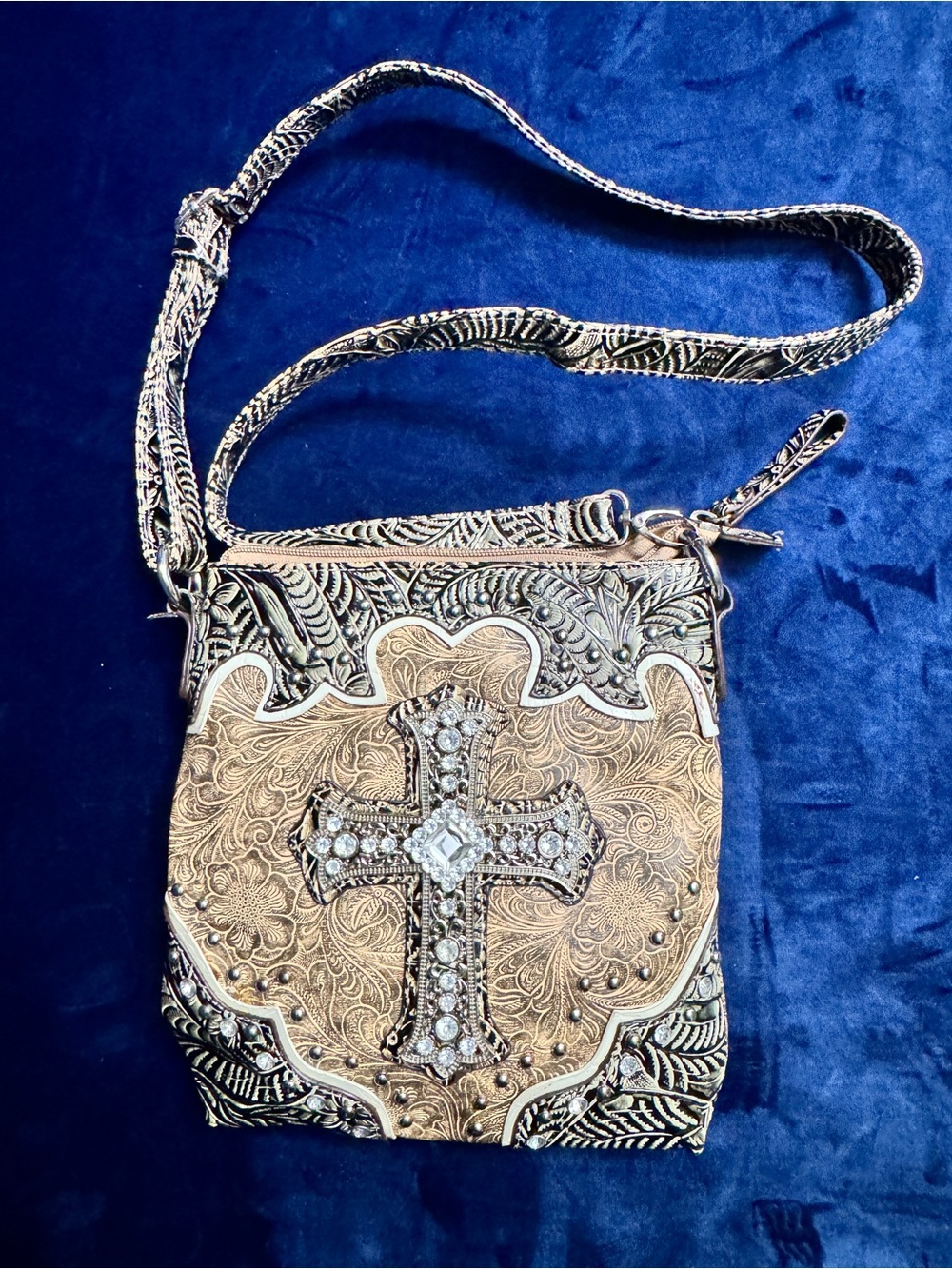 NEW Western Rhinestone Cross Crossbody Bag - Tooled Floral Purse